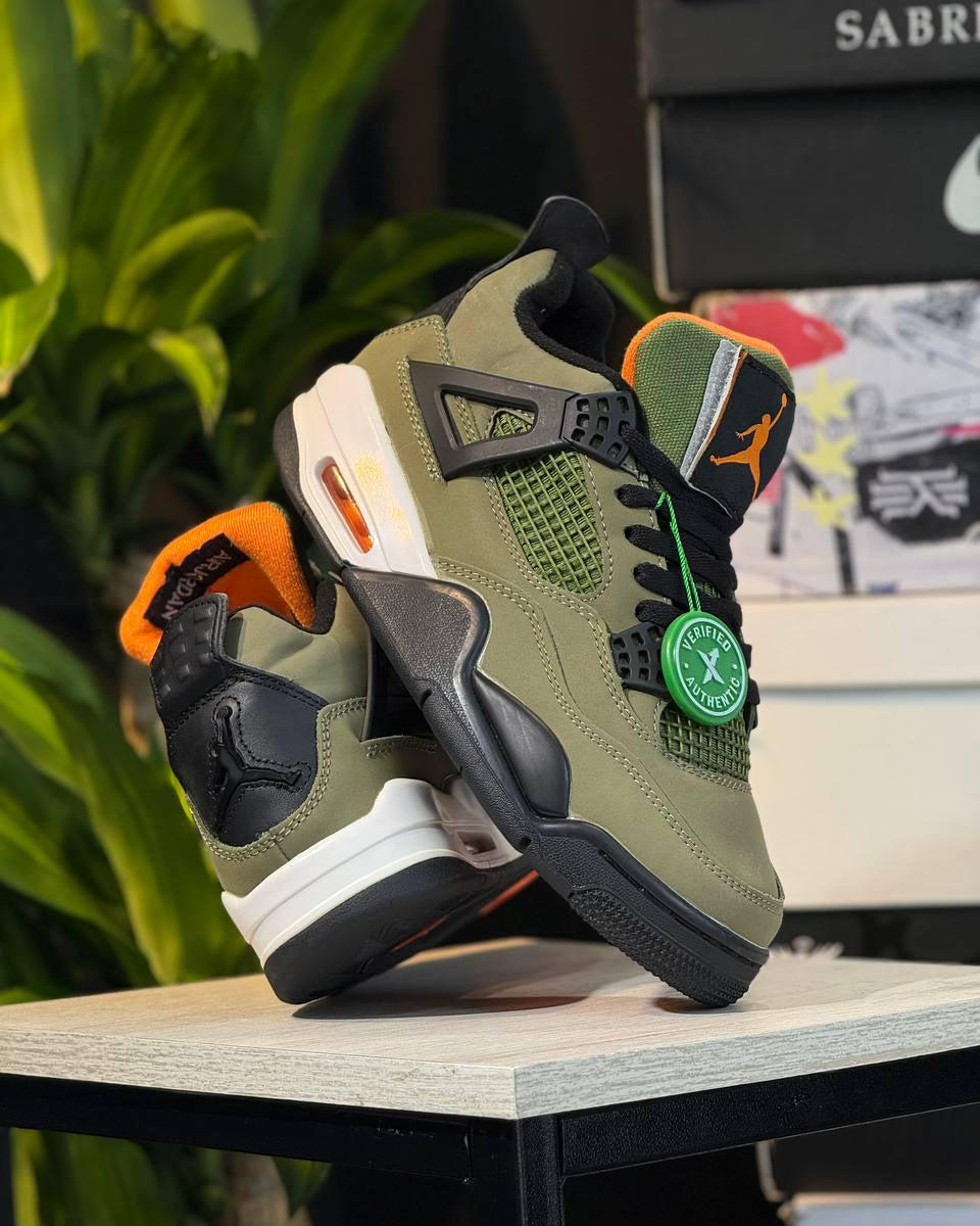 Air Jordan 4 Retro – Verde Oliva / Negro / Naranja – Web Monkey Shoes