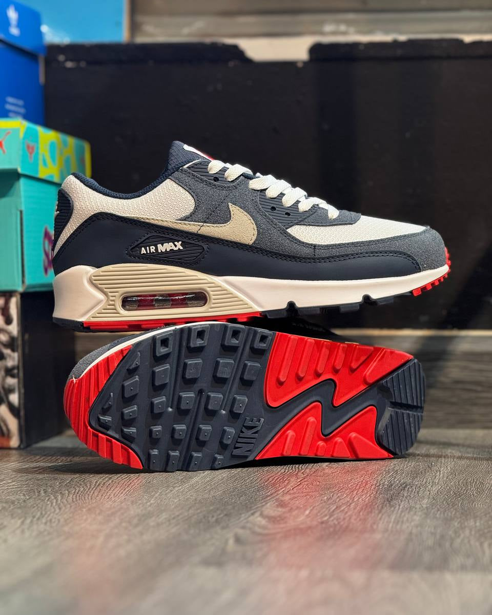 Nike Air Max 90 – Blanco Hueso / Azul Marino / Rojo